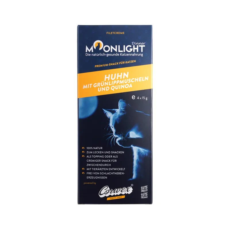 Sparpaket 2 x 15 g Moonlight Dinner Filetcreme Huhn mit Grünlippmuscheln und Quinoa Katzen Snack Preisknaller